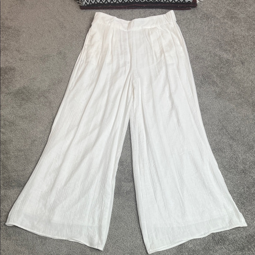 White Wide Leg High Rise Pull On Pants Fully Lined Pockets Wonderly Size XL